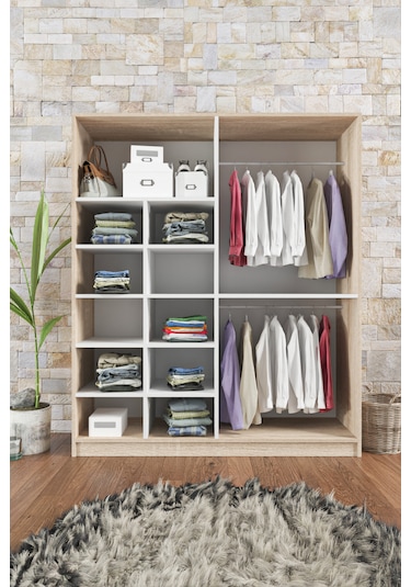 Ae-1059 Milano Beyaz Sonomo 4 Kapaklı Gardırop 11 Raflı 2 Askılık