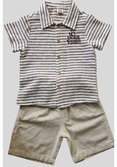 2'li Erkek Çocuk Kahve Çizgili Desenli Gömlek Bej Sortlu Keten Takım-1361 Kahverengi