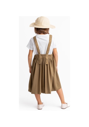 Askıları Nakışlı Keten Kız Çocuk Elbise Caramel Caramel Kahverengi