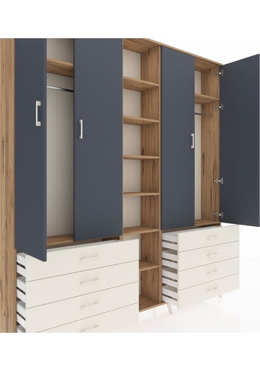 Arges Dolap 10 Raflı 8 Çekmeceli 2 Askılı 220x30x243 Çam-antrasit/aytaşı Antrasıt/aytası