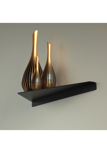Modern Dekoratif Duvar Rafı, Siyah Metal, 30x130x380mm, Kitaplık Ve Vazo Rafı Siyah