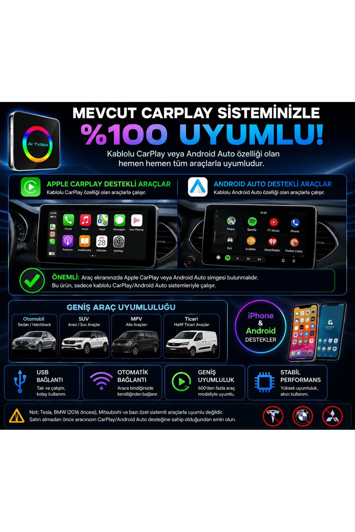 Carplay Ve Android Auto Aı Box 4gb+64gb Android 14 Youtube & Netflix Diğer