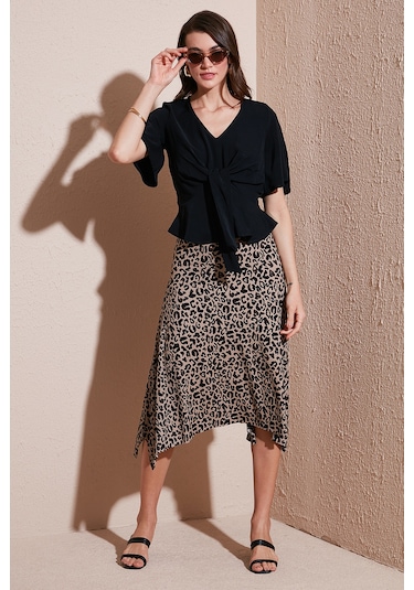 Lela Desenli Volanlı Midi Boy Bayan Etek 5869010 Leopar