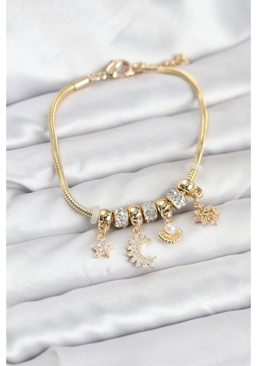 Pirinç Gold Renk Ay Charm Model Charmlı Kadın Bileklik Çok Renkli