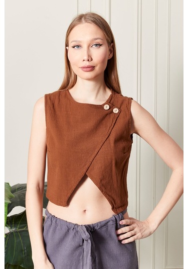 Şık Farklı Tarz Asi Keten Bluz - Modern Ve Cesur Tasarım Kiremit