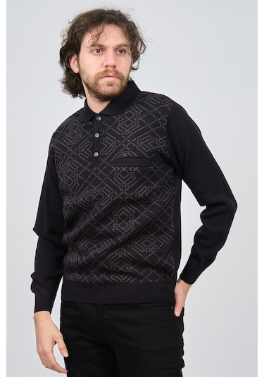 Ateş Triko Erkek Cep Detaylı Polo Yaka Desenli Yün Kazak 6092097 Lacivert