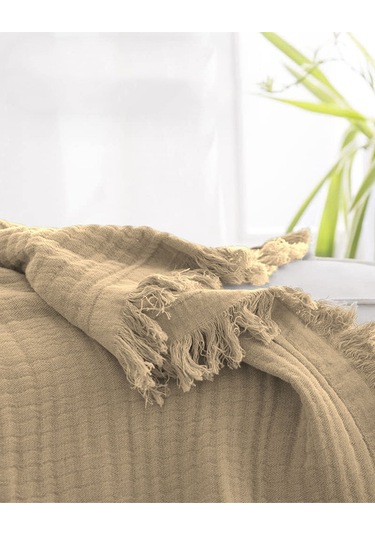 %100 Pamuk Çift Kişilik Müslin Yatak Örtüsü 4 Katlı Yumuşak Battaniye Müslin Pike Takımı 3 Parça Bej Bej