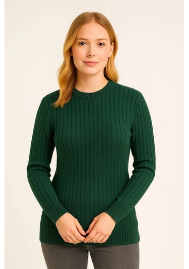 Bisiklet Yuvarlak Yaka Triko Kazak Pamuklu Kalın Fitilli Dokuma, Regular Fit Uzun Kollu Kışlık Model - Haki Haki