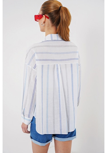 Kadın Çizgili Oversize Gömlek 20278 - Beyaz Beyaz