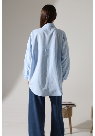 Yeni Sezon Poplin Kumaş Çift Cepli Oversize Pamuklu Kadın Tunik Gömlek Mavi