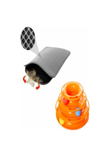 Elekli 45 x 60 CM Kedi Tuvalet Paspası + 3 Katlı Hareketli Tower Of Tracks Kedi Oyuncağı
