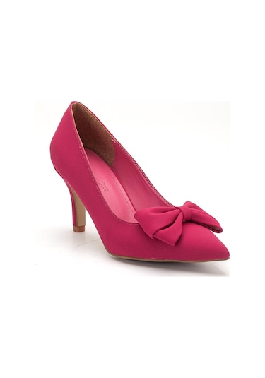 Büyük Beden Kadın Stiletto İnce Topuklu Ayakkabı Fuşya Saten Fiyonklu-4297 Fuşya