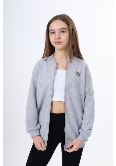 Toontoy Kız Çocuk Kolej Yaka Fermuarlı Cepli Düşük Omuz Baskılı Örme Hırka - 2 İplik Şardonlu Gri Melanj
