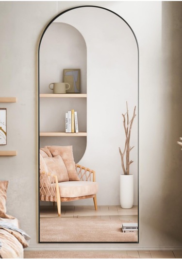 Zer 180x66 Kemerli Zemin Aynası,tam Boy Aynalı Duvar Aynası, Yatak Odası, Giyinme Odası İçin Standlı Siyah
