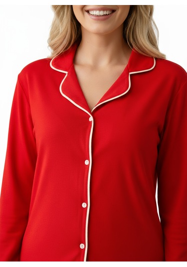 Merlot Kırmızı Düğmeli Biyeli Uzun Pijama Takımı