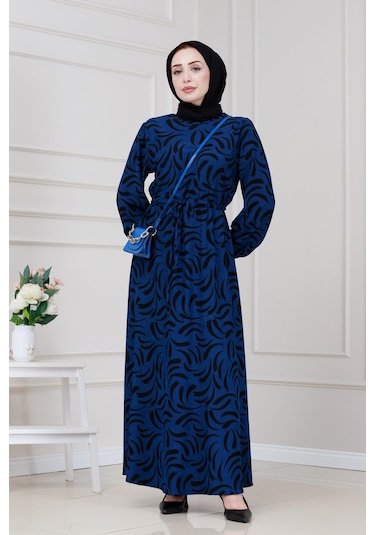 Beli Tünelli Karin Elbise-saks Mavi-5329 Saks Mavi