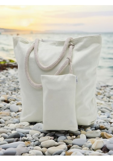 Cüzdan Hediyeli Kadın Plaj Çantası - Krem