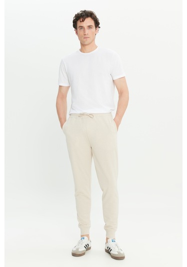 Erkek Bej Standart Fit 2 İplik Cepli Rahat Recycle Pamuklu Jogger Eşofman Altı Bej