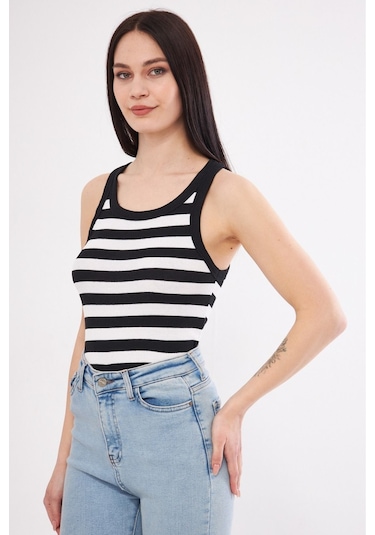 Mea Capio Kadın Siyah Beyaz Çizgili Fitilli Likralı T-shirt Halter Yaka Örme Atlet Siyah - Siyah