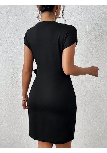 Kadın Kısa Kap Kollu Bisiklet Yaka Belden Bağlamalı Modal Mini Elbise Siyah