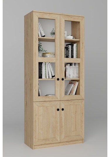 Lisa 4 Kapaklı Safir Meşe Vitrin -kitaplık Ve Çok Amaçlı Dolap Safir Meşe