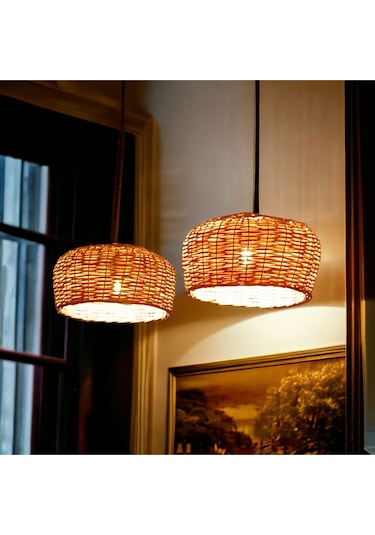 Hasır Avize El Yapımı Yuvarlak 30 Cm Sarı