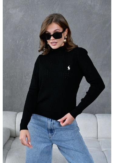 Kadın Dik Yaka Saç Örgü Nakış Detaylı Triko Kazak Siyah