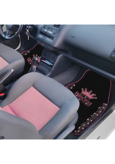 Işıltıya Hazır Ol, Bu Yol Senin Pembe Taşlı Prenses Taç Desenli 5 Li Nakışlı Oto Halı Paspas Seti
