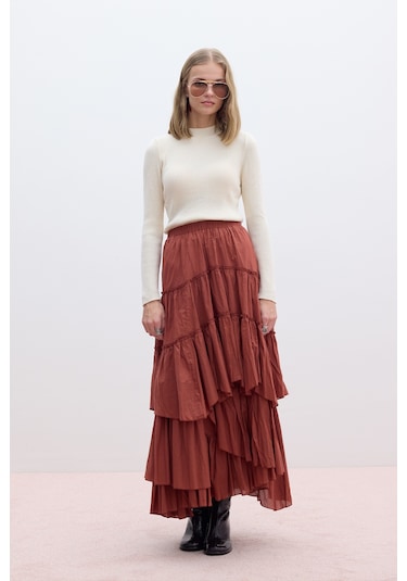 Katlı Boho Vual Etek Kiremit Kiremit