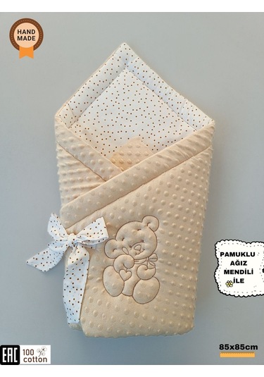 Nohut Bebek Battaniyesi & Kundağı Ayıcık İşlemeli Hastane Çıkışı Yenidoğan Örtü / Yorgan Bej