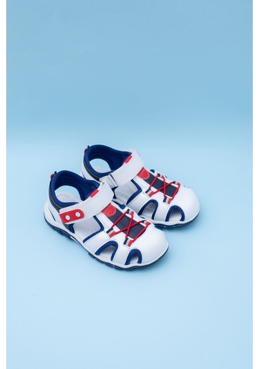 Gimer - Burnu Kapalı Beyaz Kırmızı Garnili Çocuk Sandalet - B... Beyaz