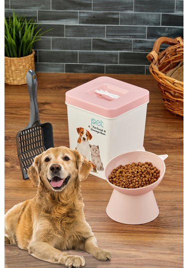 Evcil Hayvan Kedi Ve Köpek Mama Saklama Kabı & Mama Kabı Seti Kürek Hediyeli 3'lü Set - Pembe