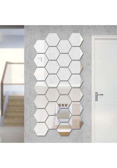 Yifomall Büyük Boy 18.4x18.4 Cm Gümüş Akrilik Ayna Duvar Sticker, 12 Adet Altıgen Kare, Oturma Odası Koridor Dekorasyon, Yansıtıcı Fonksiyonlu Duvar Aksesuarı Diğer