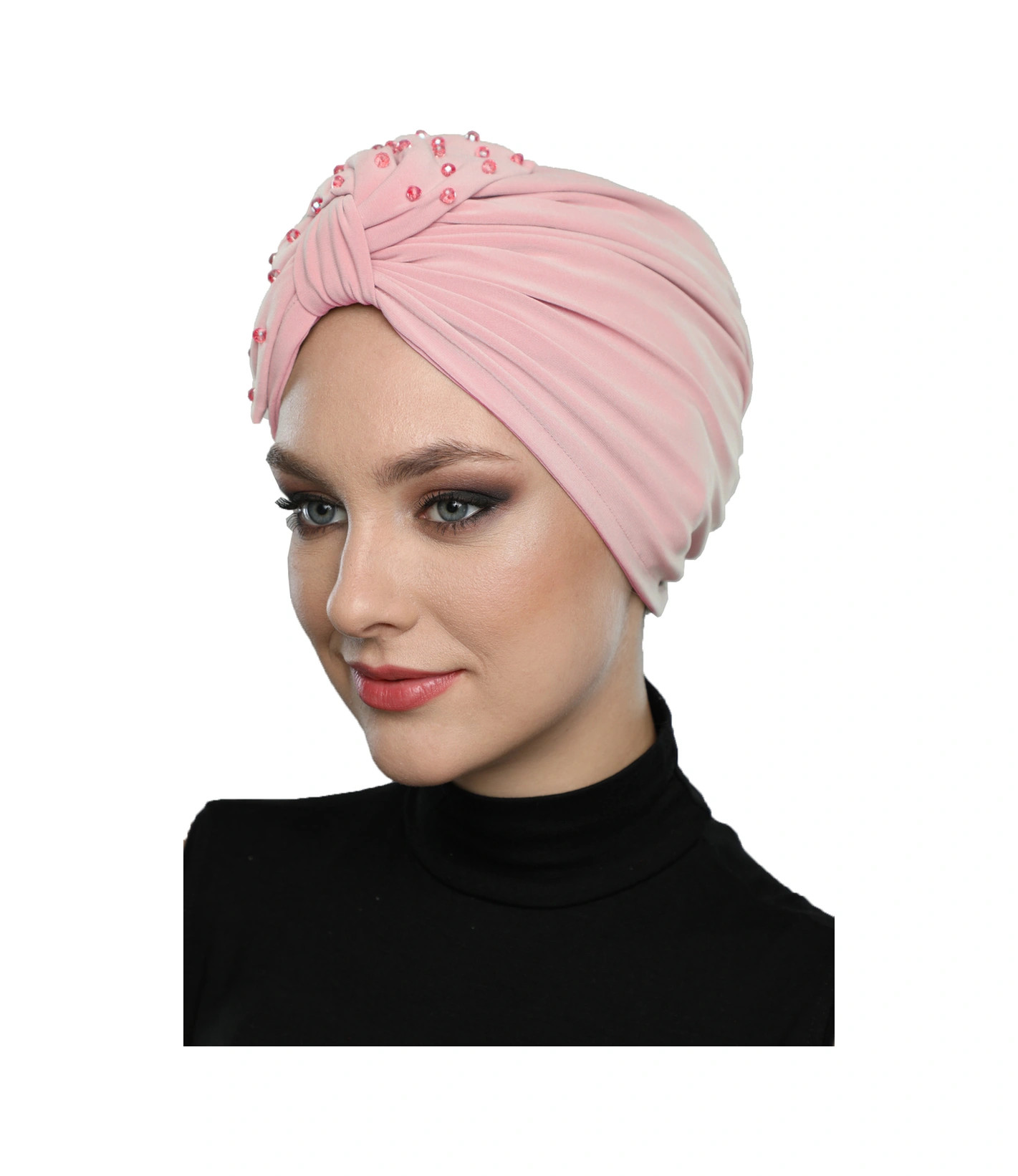 Kristal Yelpaze Taş Işlemeli Çift Taraflı Astarlı Pudra Hazır Türban Tesettür Abiye Bone Pudra