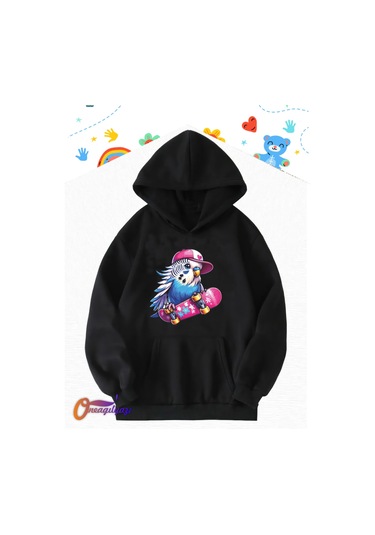 Muhabbet Kuşu Tasarım Çocuk Sweatshirt Hoodie SiYAH