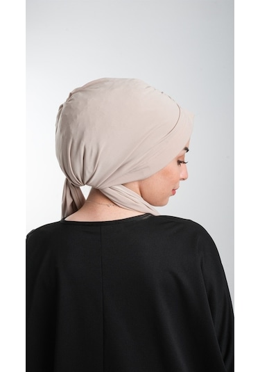 Bej Pratik Hazır Geçmeli Tesettür Bone Kesik Elyaf Sade 2111_12 Bej