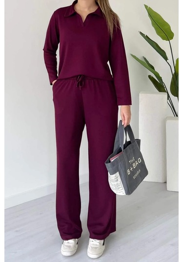 Balenbi Kadın Modal Kumaş Polo Yaka Uzun Kollu Takım 1126 Bordo
