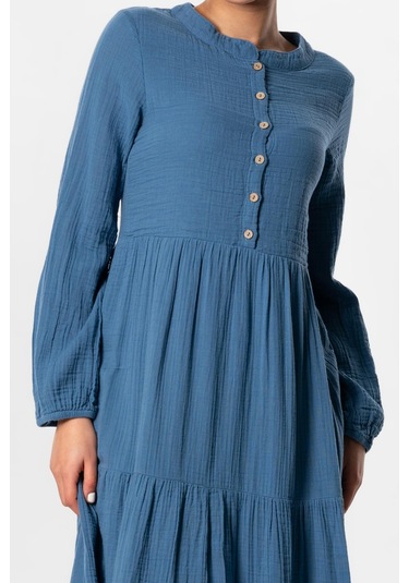 Uzun Kol Akay Uzun Düğme Detay Yazlık Müslin Elbise İndigo İndg-indigo İndigo