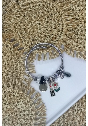 Allmisse Siyah Renk Çiçek Charmlı Çelik Bileklik