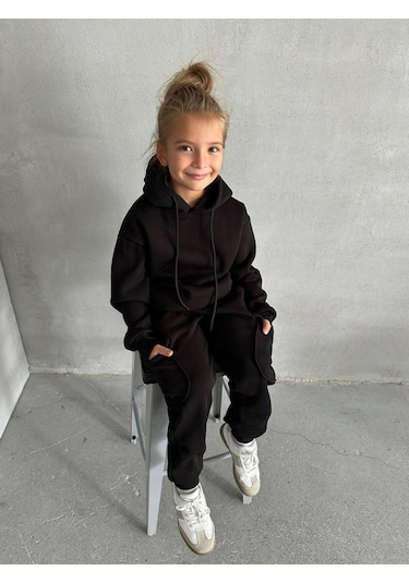 Üç İplik Kapüşonlu Şardonlu Takım Beyaz - Turuncu