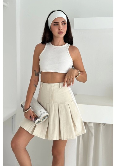 Piliseli Gizli Fermuar Detaylı Etek Krem