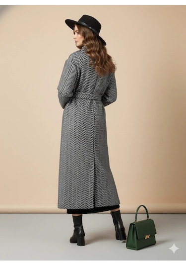 Balıksırtı/Chevron Desenli Yün Palto Kuşak Bağlama Detaylı Uzun Kaban Gri Kışlık Gri