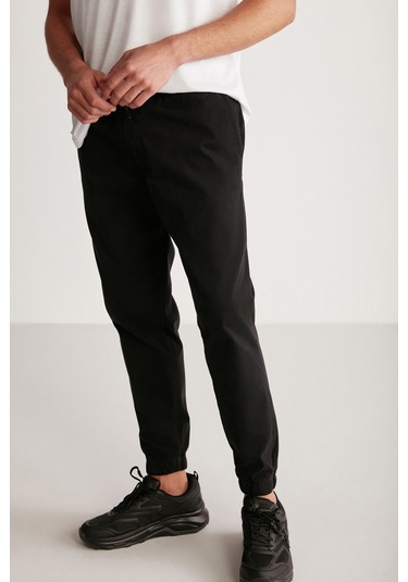 Jakob  Erkek Dokuma Yıkamalı 4 Cepli Kalın Dokulu Paçası Lastikli Siyah Pantolon