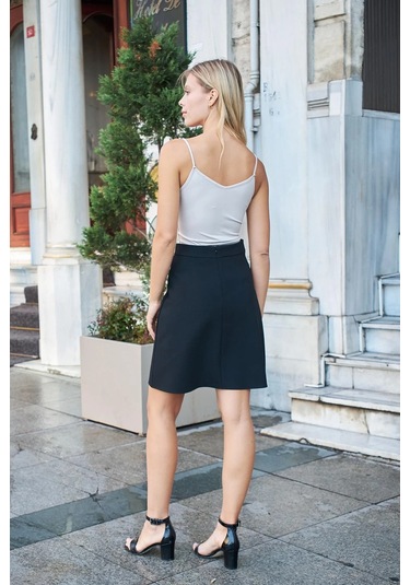 Yüksek Bel Hafif Likralı Kumaş Diz Boy Çan Etek-siyah Siyah