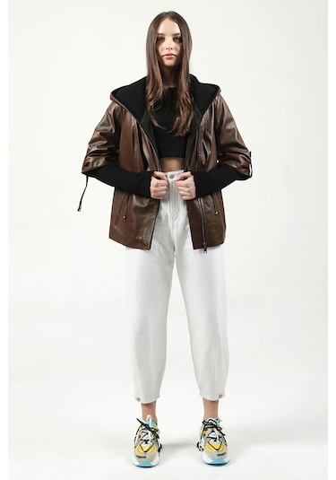 Dericlub Larissa Kadın Kapüşonlu Hakiki Deri Kaban Camel Antik Null Camel