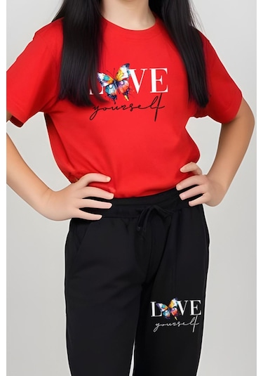 Fyk Kids Kız Çocuk Baskılı Love Your Self Bel Detayı Lastikli Alt-üst Takım Kırmızı