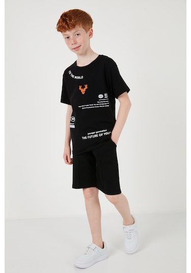 Lela Pamuklu Baskılı Bisiklet Yaka Kısa Kollu Şortlu Erkek Çocuk Takım 6212010 Siyah