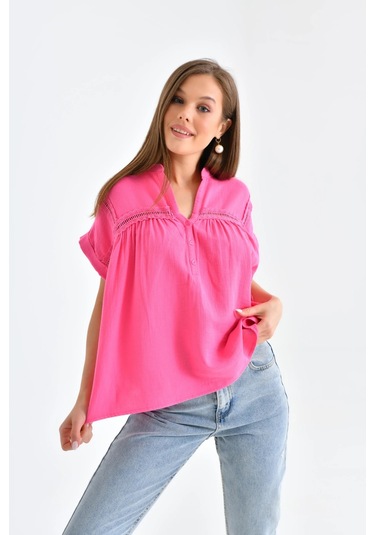 Dantel Detay Kısa Dokuma Bluz FUŞYA