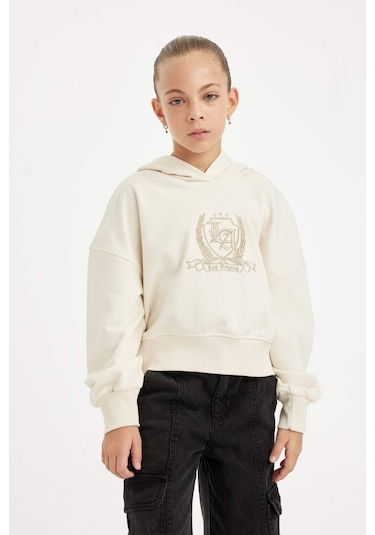 DeFacto Kız Çocuk Ekru Oversize Geniş Kalıp Kapüşonlu İşlemeli Kalın Sweatshirt D2885A824WNER233