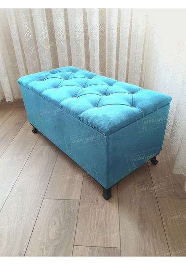 Lüks Sandıklı Kapitoneli Ayakucu Puf Bench 110 Cm Siyah Ayak Turkuaz